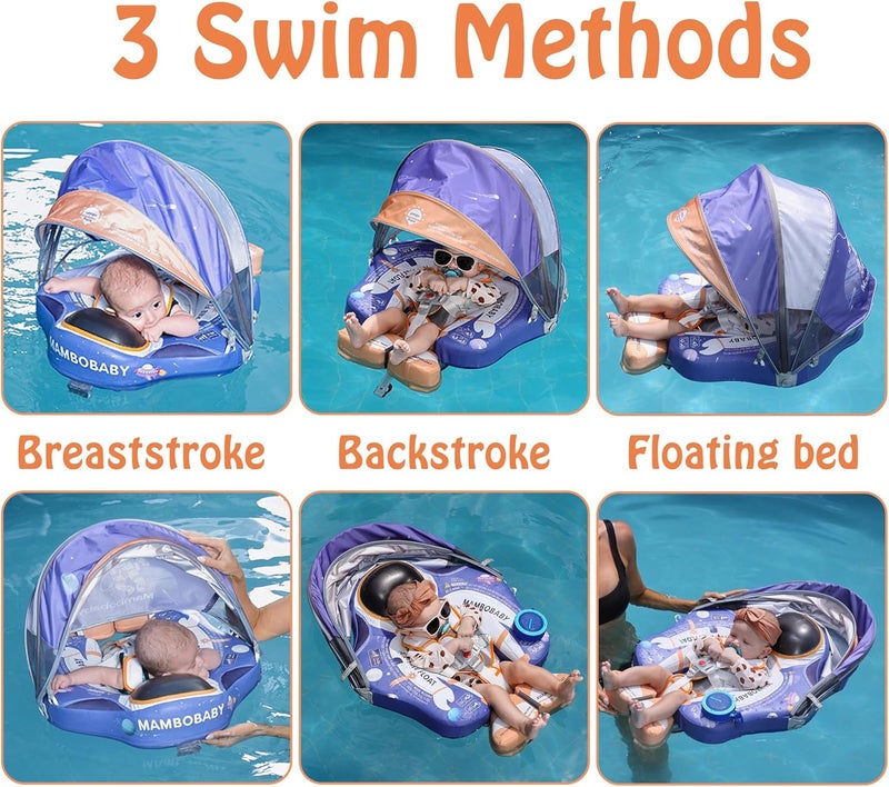 AnjeeIOT Mambobaby Float with Canopy Baby Float Non-Inflatable Baby Pool Float Solid Swimming Float Upgraded Add Tail Never Flip Over for Infant 3-24 Months, Astronauts Blue - Image 3